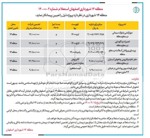 استعلام، استعلام پروژه های دیوارکشی با بلوک سیمانی و...