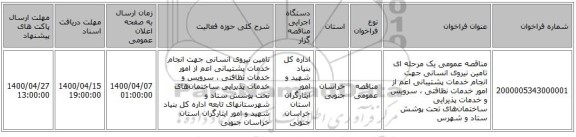 مناقصه عمومی یک مرحله ای تامین نیروی انسانی جهت انجام خدمات پشتیبانی اعم از امور خدمات نظافتی ، سرویس و خدمات پذیرایی ساختمان‌های تحت پوشش ستاد و شهرس