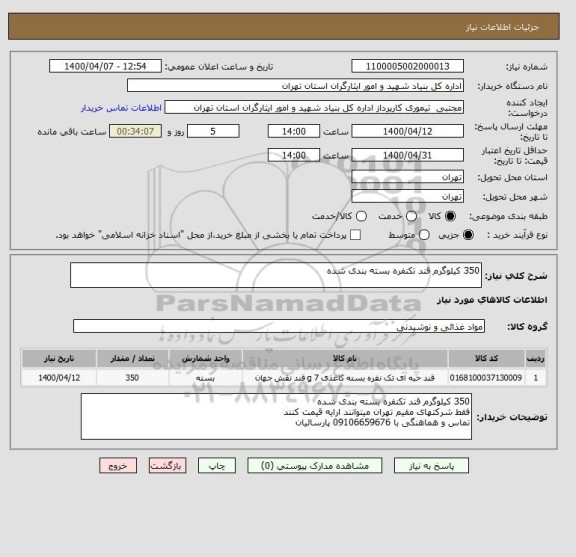 استعلام 350 کیلوگرم قند تکنفره بسته بندی شده 