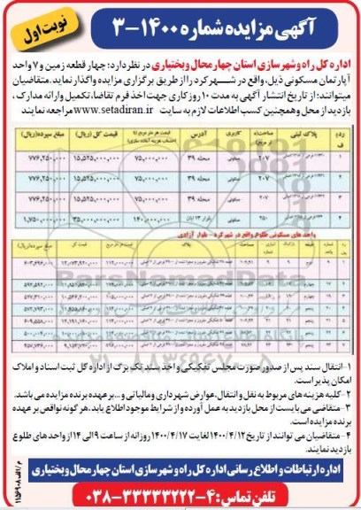 مزایده مزایده واگذاری چهار قطعه زمین و 7 واحد آپارتمان 