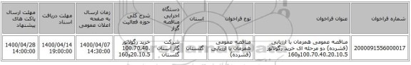 مناقصه عمومی همزمان با ارزیابی (فشرده) دو مرحله ای خرید رگولاتور 100،70،40،20،10،5و160