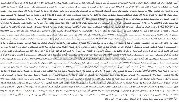 آگهی مزایده ششدانگ یک دستگاه آپارتمان واقع در شمالغربی طبقه پنجم به مساحت 48/84 مترمربع 