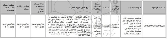 مناقصه عمومی یک مرحله ای اجرای خط انتقال تجهیز ، فنس کشی و نصب سیستم حفاظتی مجتمع جنت آباد شهرستان اسدآباد