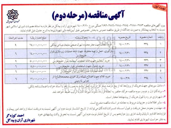 مناقصه, مناقصه خرید آسفالت جهت معابر و ...نوبت اول مرحله دوم