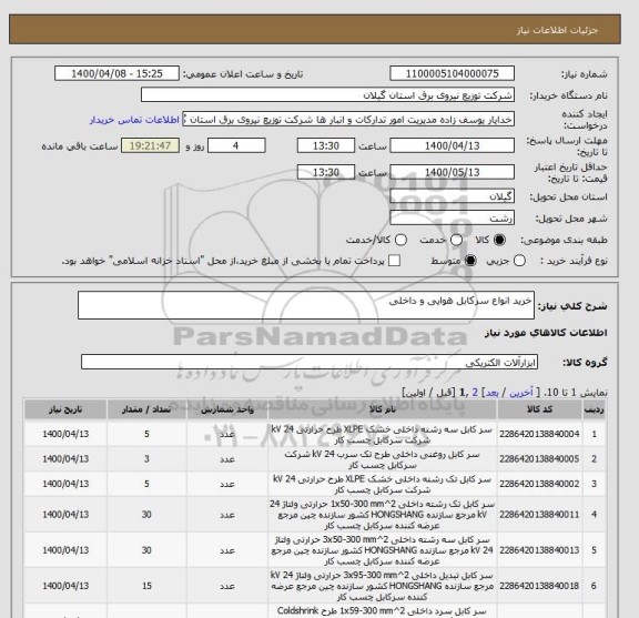 استعلام خرید انواع سرکابل هوایی و داخلی