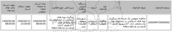 مناقصه عمومی یک مرحله ای درزگیری رویه های آسفالتی در خیابانهای رضا نژاد،چایکنار، ارک، 17شهریور، ارتش، فردوسی وسطح منطقه