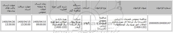 مناقصه عمومی همزمان با ارزیابی (فشرده) یک مرحله ای بهره داری و اتفاقات امور توزیع برق کوچصفهان (133-1400)