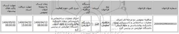 مناقصه عمومی دو مرحله ای اجرای  عملیات ساختمانی و تاسیساتی پروژه  دانشکده روانشناسی و علوم تربیتی دانشگاه خوارزمی در پردیس کرج