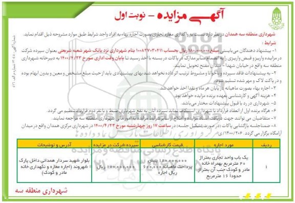 مزایده، مزایده واگذاری مغازه تجاری 