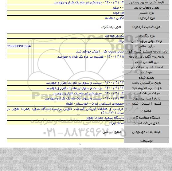 حراست و حفاظت فیزیکی قسمت جنوبی پردیسدانشگاه شهید چمران اهواز، در سال ۱۴۰۱-۱۴۰۰