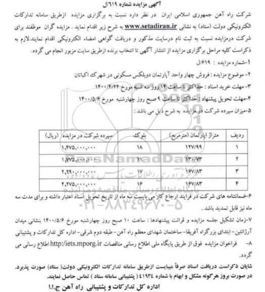 مزایده مزایده فروش چهار واحد آپارتمان دوبلکس مسکونی