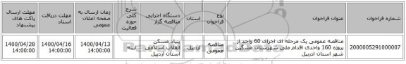 مناقصه عمومی یک مرحله ای اجرای 60 واحد از پروژه 160 واحدی اقدام ملی شهرستان مشگین شهر استان ادربیل