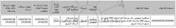 مناقصه عمومی یک مرحله ای اجرای 100 واحد از پروژه 160 واحدی اقدام ملی شهرستان مشگین شهر استان ادربیل