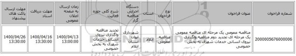 مناقصه عمومی یک مرحله ای مناقصه عمومی یک مرحله ای تجدید دوم مناقصه واگذاری نیروی انسانی خدمات شهری به بخش خصوصی