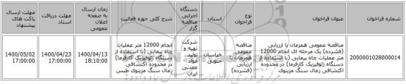 مناقصه عمومی همزمان با ارزیابی (فشرده) یک مرحله ای انجام 12000 متر عملیات چاه پیمایی (با استفاده از دستگاه ژئوفیزیک کارفرما) در محدوده اکتشافی زغال سنگ مزینوی