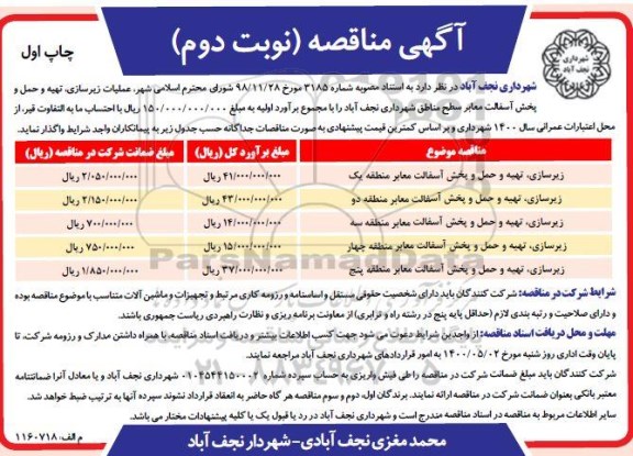 مناقصه عملیات زیرسازی تهیه و حمل و پخش آسفالت نوبت دوم 