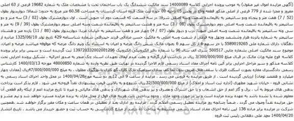 آگهی مزایده ششدانگ یک باب ساختمان تحت با مشخصات ملک به شماره 19682 فرعی از 63 اصلی