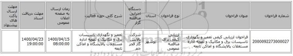 فراخوان ارزیابی کیفی تعمیر و نگهداری تاسیسات برق و مکانیک و تهویه اداره مستغلات پالایشگاه و اماکن تابعه