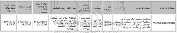 مناقصه عمومی یک مرحله ای مناقصه انجام امور خدماتی به صورت حجمی شامل گشت ساختمانی و نگهبانی و حراست شهرداری