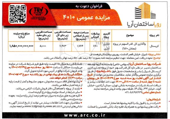 مزایده، مزایده واگذاری کل قدرالسهم در پروژه (معادل 60%)