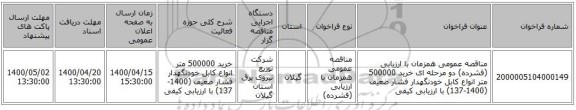 مناقصه عمومی همزمان با ارزیابی (فشرده) دو مرحله ای خرید 500000 متر انواع کابل خودنگهدار فشار ضعیف (1400-137) با ارزیابی کیفی 