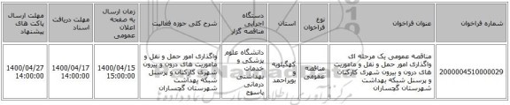 مناقصه عمومی یک مرحله ای واگذاری امور حمل و نقل و ماموریت های درون و بیرون شهری کارکنان و پرسنل شبکه بهداشت شهرستان گچساران