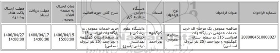 مناقصه عمومی یک مرحله ای خرید  خدمات عمومی در پایگاههای اورژانس 115 در سطح استان کهگیلویه و بویراحمد (25 نفر نیروی انسانی)