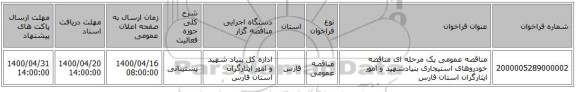 مناقصه عمومی یک مرحله ای مناقصه خودروهای استیجاری بنیادشهید و امور ایثارگران استان فارس