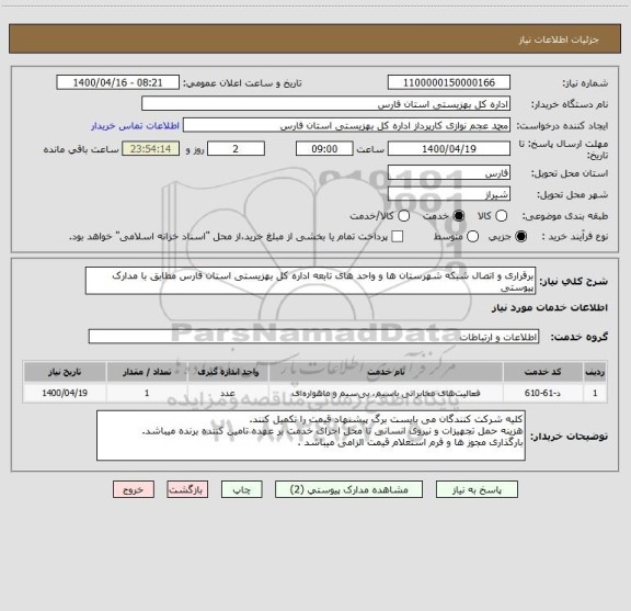 استعلام برقراری و اتصال شبکه شهرستان ها و واحد های تابعه اداره کل بهزیستی استان فارس مطابق با مدارک پیوستی