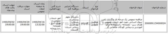 مناقصه عمومی یک مرحله ای واگذاری  تامین نیروی  انسانی جهت امور  خدمات عمومی – فضای  سبز  - تلفنخانه- رخشویخانه مرکز آموزشی و درمانی  کودکان طالقانی گر