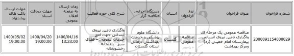 مناقصه عمومی یک مرحله ای واگذاری  تامین نیروی  انسانی بیمارستان امام خمینی (ره) ومرکز بهداشت