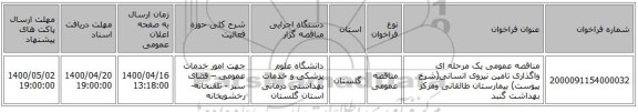 مناقصه عمومی یک مرحله ای واگذاری  تامین نیروی  انسانی(شرح پیوست) بیمارستان طالقانی ومرکز بهداشت گنبد  