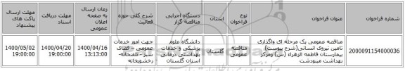 مناقصه عمومی یک مرحله ای واگذاری  تامین نیروی  انسانی(شرح پیوست) بیمارستان فاطمه الزهراء (س) ومرکز بهداشت مینودشت