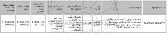 مناقصه عمومی یک مرحله ای بواگذاری  تامین نیروی  انسانی(شرح پیوست) بیمارستان رسول اکرم (ص) کلاله ومرکز بهداشت شهرستان گالیکش 