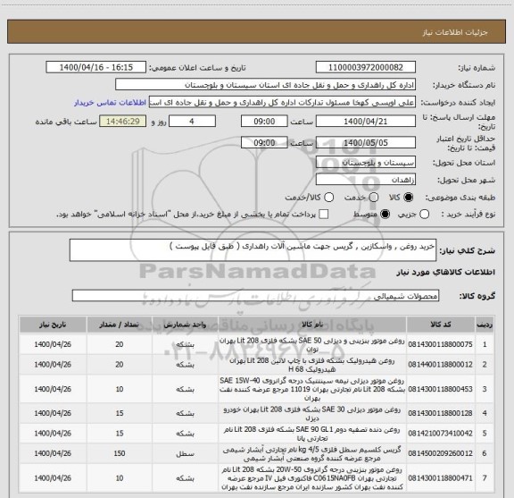 استعلام خرید روغن , واسکازین , گریس جهت ماشین آلات راهداری ( طبق فایل پیوست ) 