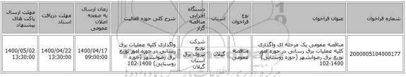 مناقصه عمومی یک مرحله ای واگذاری کلیه عملیات برق رسانی در حوزه امور توزیع برق رضوانشهر (حوزه روستایی) 1400-102