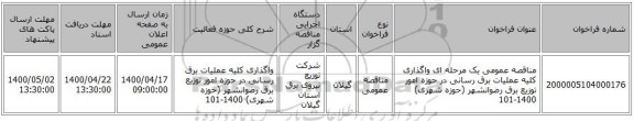 مناقصه عمومی یک مرحله ای واگذاری کلیه عملیات برق رسانی در حوزه امور توزیع برق رضوانشهر (حوزه شهری) 1400-101