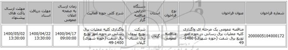 مناقصه عمومی یک مرحله ای واگذاری کلیه عملیات برق رسانی در حوزه امور توزیع برق شفت (حوزه شهری) 1400-49