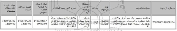 مناقصه عمومی یک مرحله ای واگذاری کلیه عملیات برق رسانی در حوزه امور توزیع برق آستارا (حوزه شهری) 1400-41