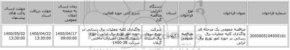 مناقصه عمومی یک مرحله ای واگذاری کلیه عملیات برق رسانی در حوزه امور توزیع برق انزلی