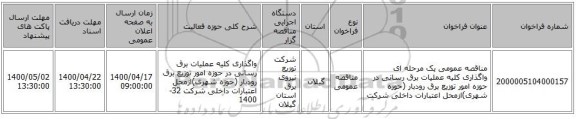 مناقصه عمومی یک مرحله ای واگذاری کلیه عملیات برق رسانی در حوزه امور توزیع برق رودبار (حوزه شهری)ازمحل اعتبارات داخلی شرکت 