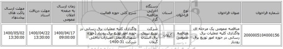 مناقصه عمومی یک مرحله ای واگذاری کلیه عملیات برق رسانی در حوزه امور توزیع برق رودبار