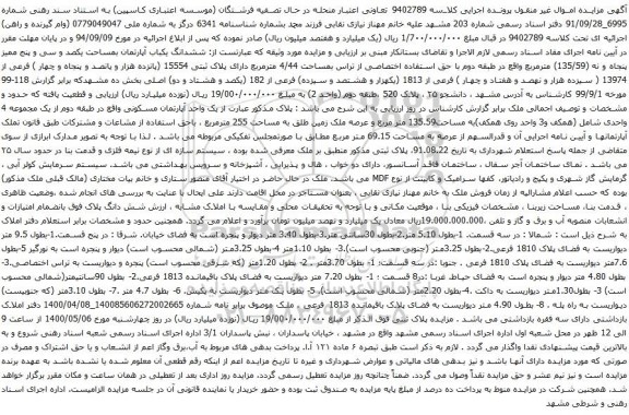 آگهی مزایده ششدانگ یکباب آپارتمان بمساحت یکصد و سی و پنج ممیز پنجاه و نه (135/59) مترمربع