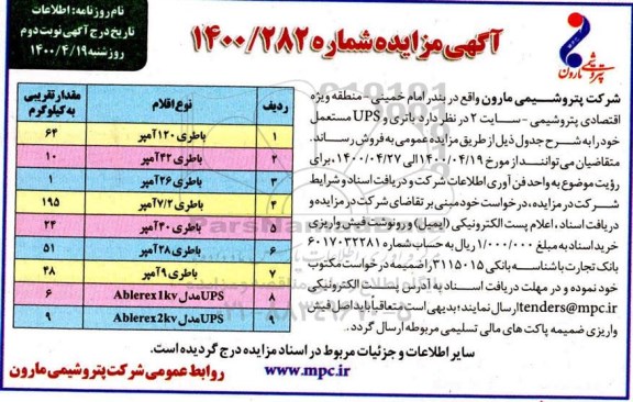 مزایده , مزایده باتری و ups مستعمل - نوبت دوم 