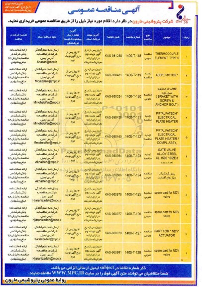 مناقصه THERMOCOUPLE ELEMENT TYPE S ....