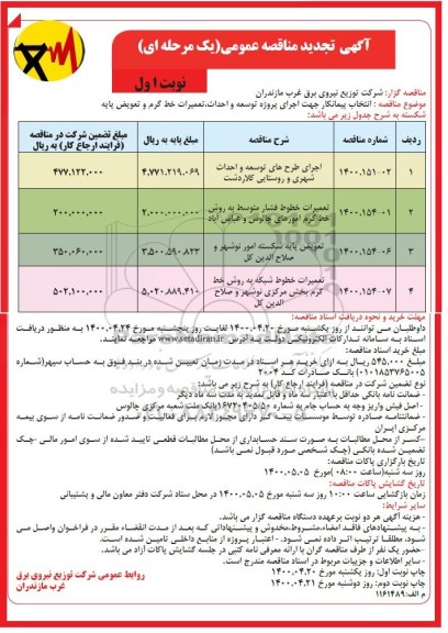 انتخاب پیمانکار جهت اجرای پروژه توسعه و احداث ، تعمیرات خط گرم و تعویض پایه