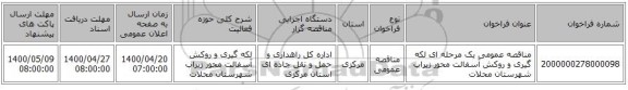 مناقصه عمومی یک مرحله ای لکه گیری و روکش آسفالت محور زیراب شهرستان محلات