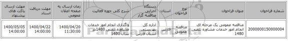 مناقصه عمومی یک مرحله ای انجام امور خدمات مشاوره تلفنی 1480