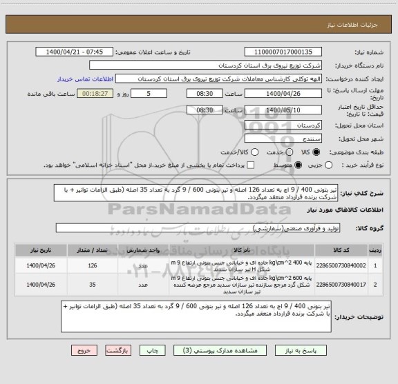 استعلام تیر بتونی 400 / 9 اچ به تعداد 126 اصله و تیر بتونی 600 / 9 گرد به تعداد 35 اصله (طبق الزامات توانیر + با شرکت برنده قرارداد منعقد میگردد.