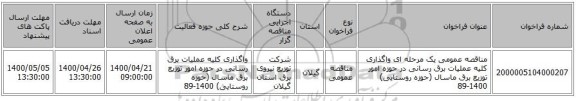 مناقصه عمومی یک مرحله ای واگذاری کلیه عملیات برق رسانی در حوزه امور توزیع برق ماسال (حوزه روستایی) 1400-89